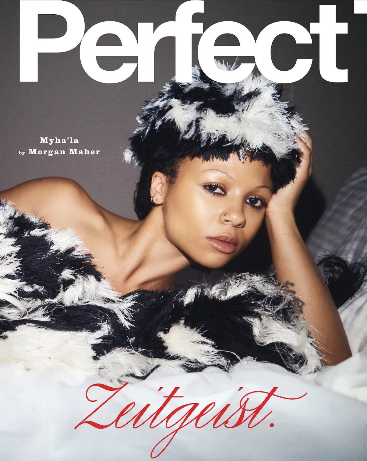 Myha'la facing the camera in the Perfect magazine August 2026 shoot