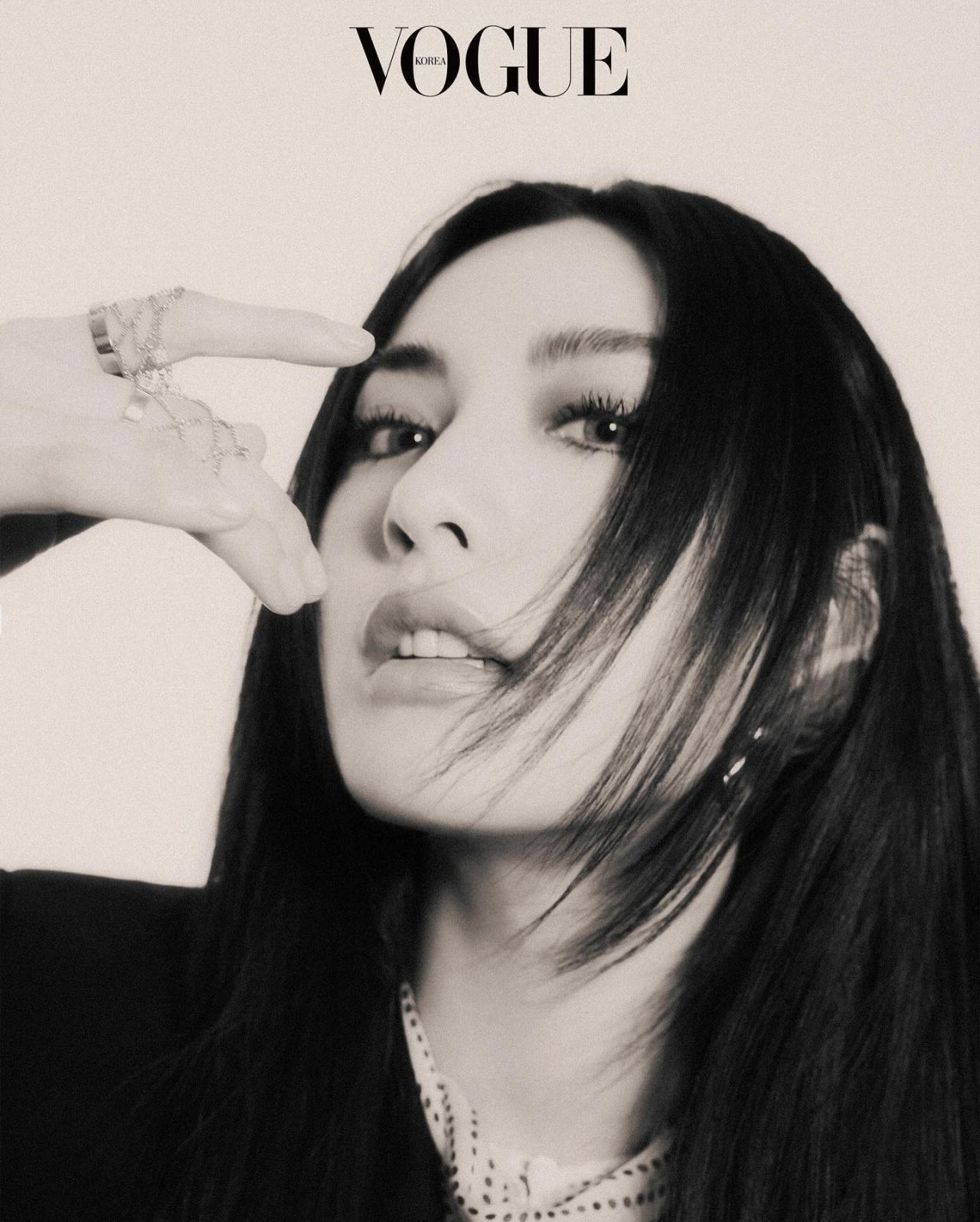 Nana in a black and white close-up for Vogue Korea, June 2024