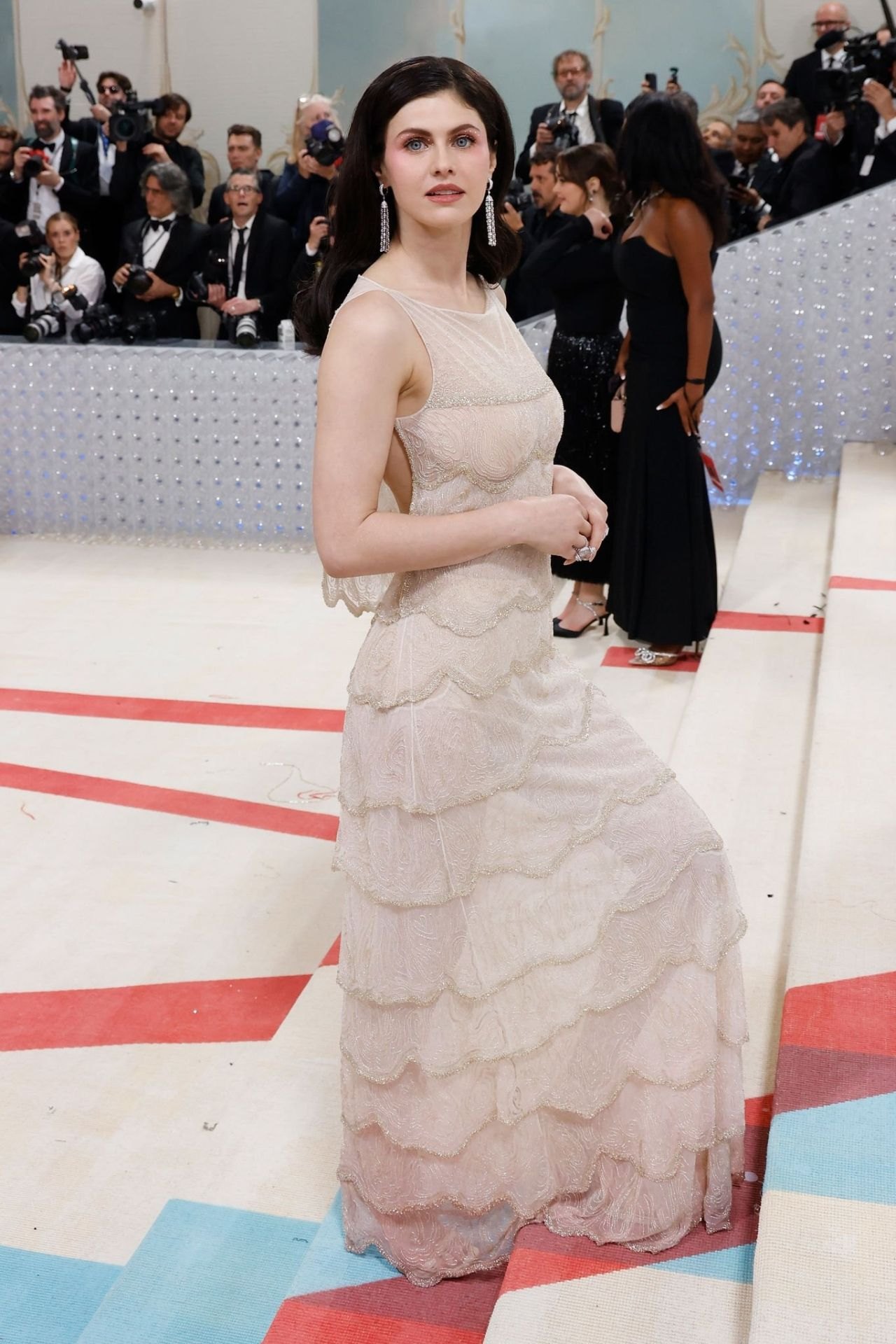Alexandra Daddario in a nude beaded gown at the 2023 Met Gala