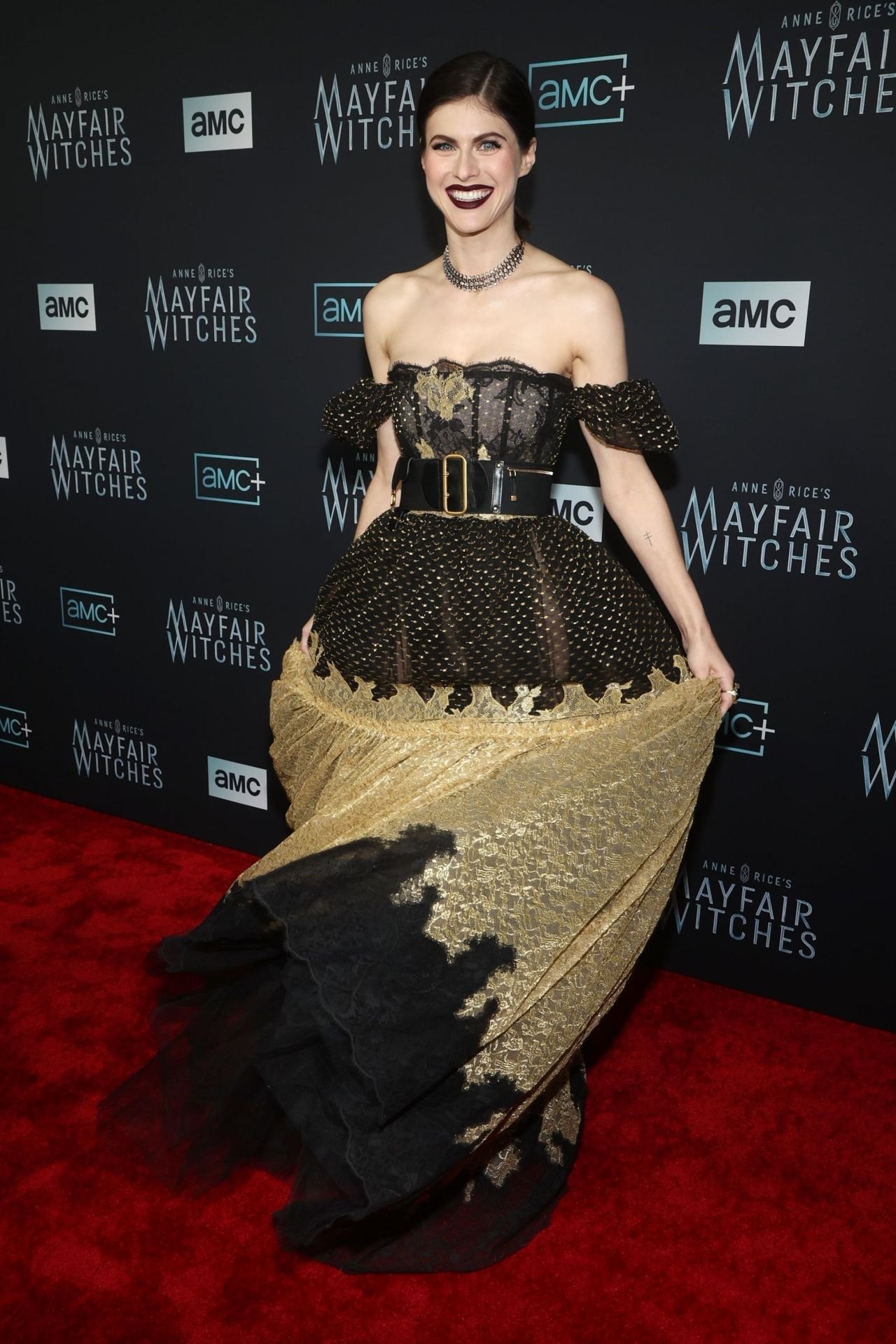 Alexandra Daddario off-shoulder gown at the Mayfair Witches premiere 2022