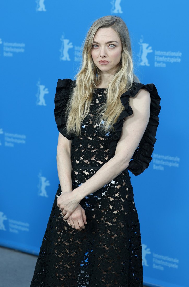 Amanda Seyfried in a black lace dress at the photocall for The Testament of Ann Lee, Berlinale 2026