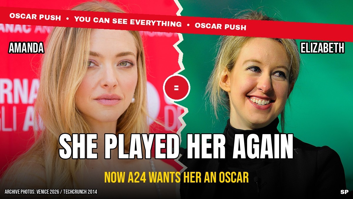 Amanda Seyfried and Elizabeth Holmes side by side, news graphic on A24's Oscar push for You Can See Everything