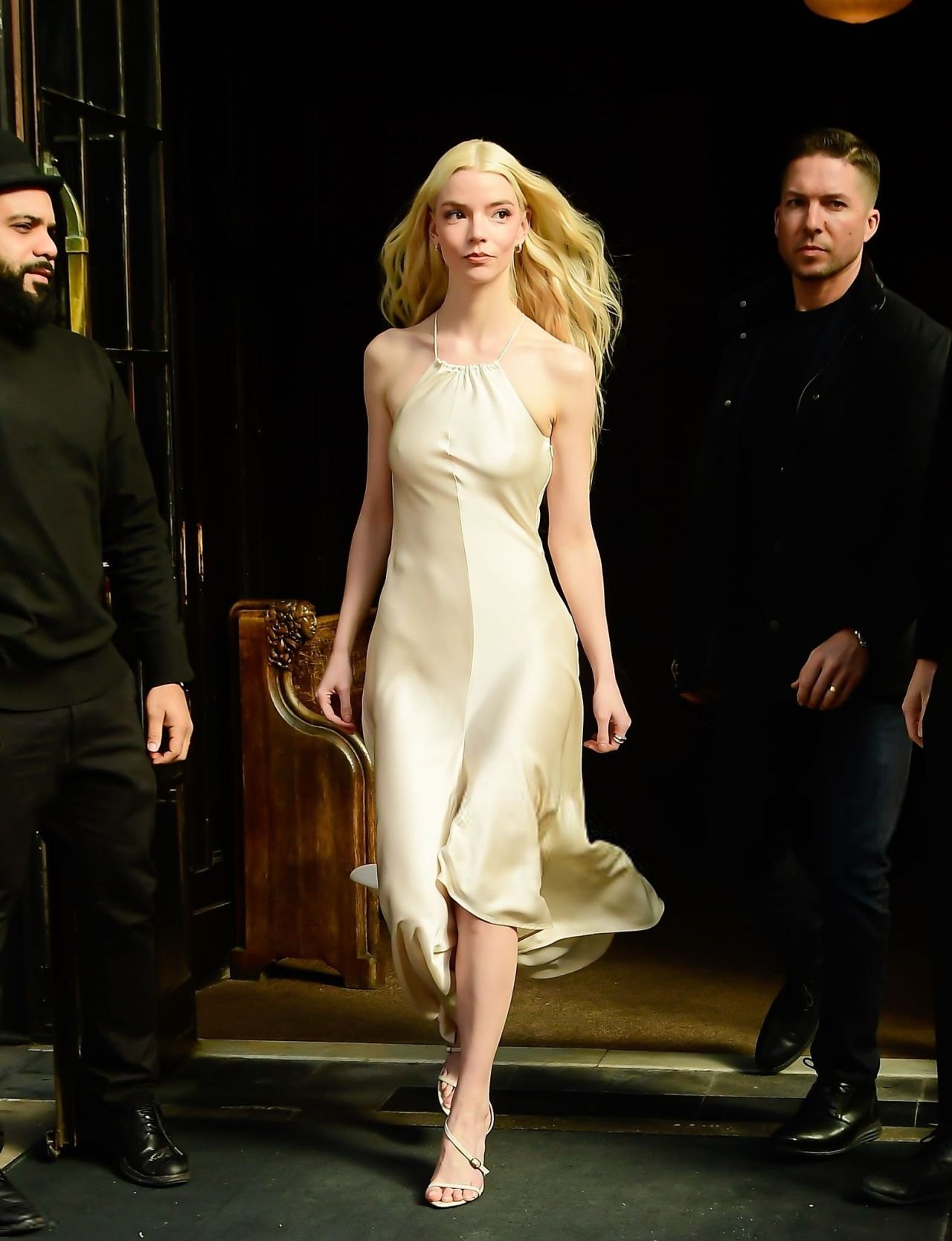 Anya Taylor-Joy in a cream satin slip dress leaving the Bowery Hotel in New York, March 2026, photo 2