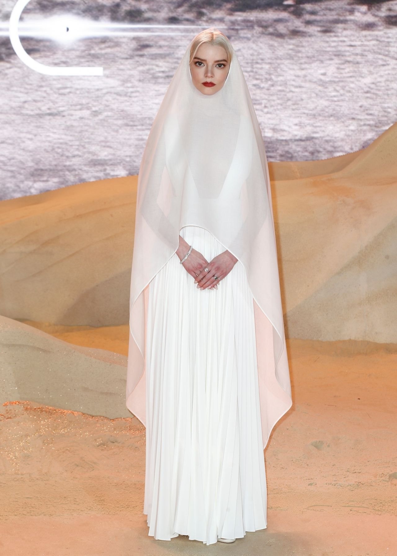 Anya Taylor-Joy in a white hooded gown at the Dune: Part Two premiere in London, February 2024, photo 2