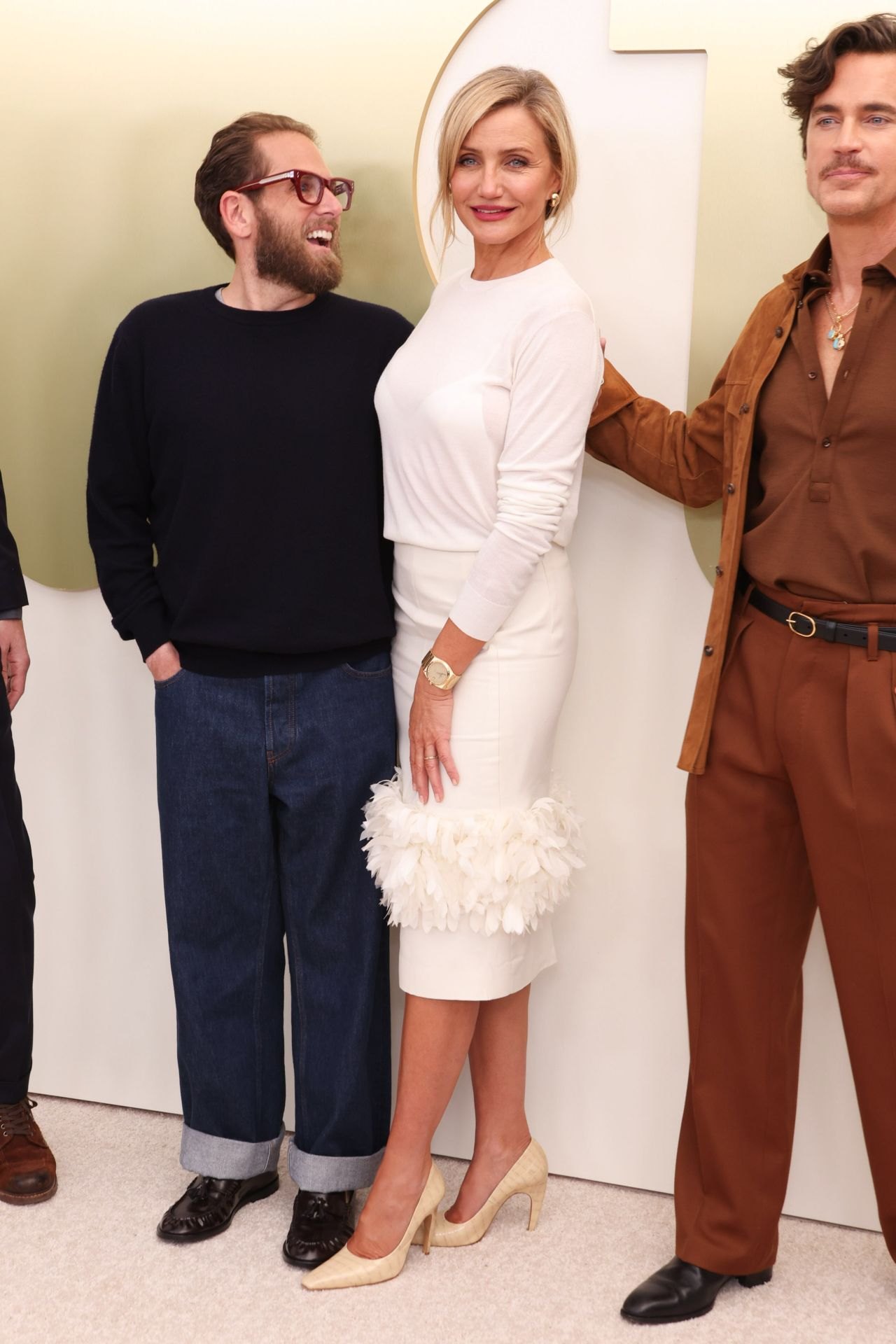 Cameron Diaz at Apple TV press day in a feather-trimmed white look, 2026, photo 2
