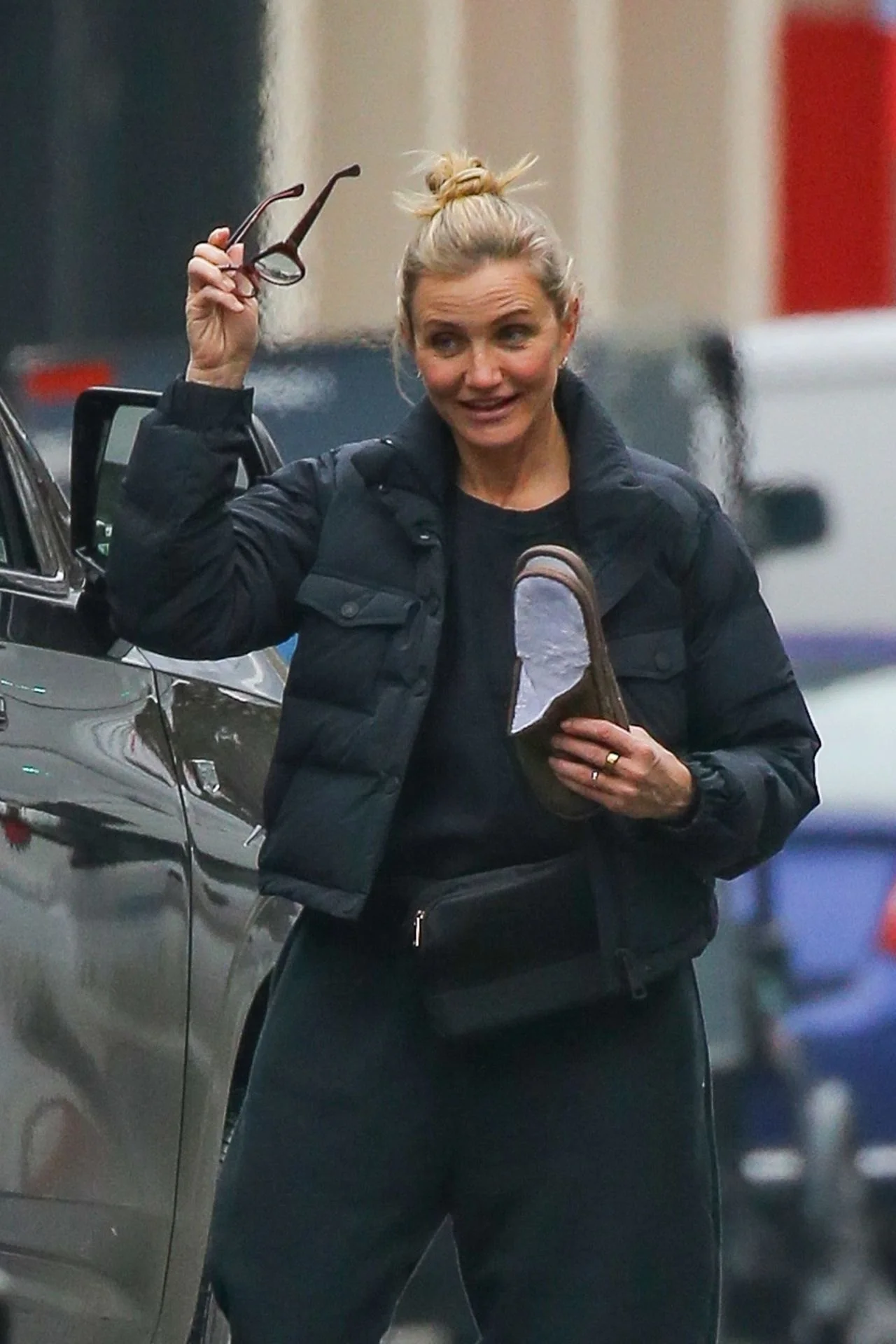 Cameron Diaz in relaxed black layers out in New York, February 2026
