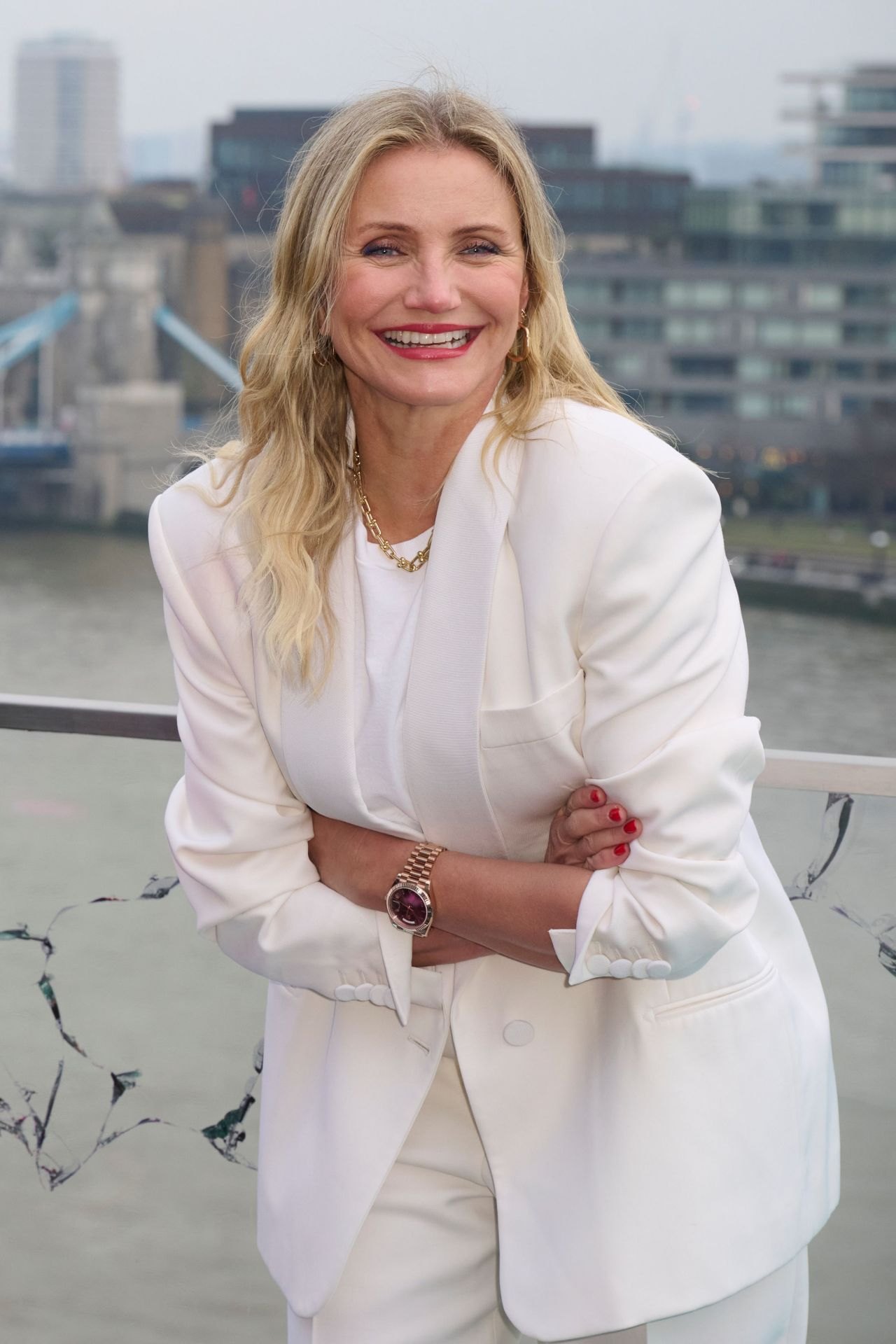 Cameron Diaz in a white suit at the Back in Action London photocall, 2025, photo 3