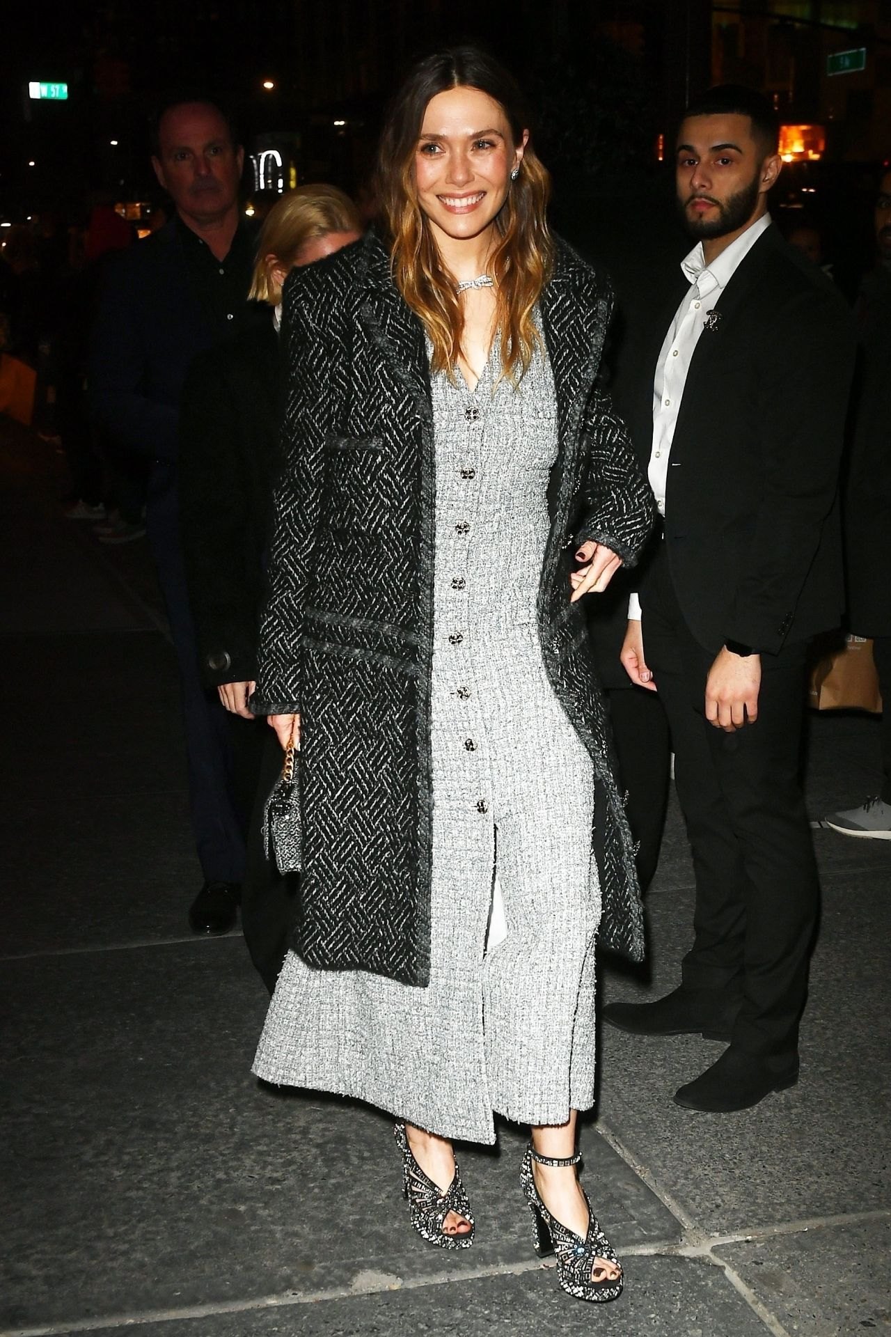 Elizabeth Olsen arriving at a Chanel dinner in New York City, February 2024
