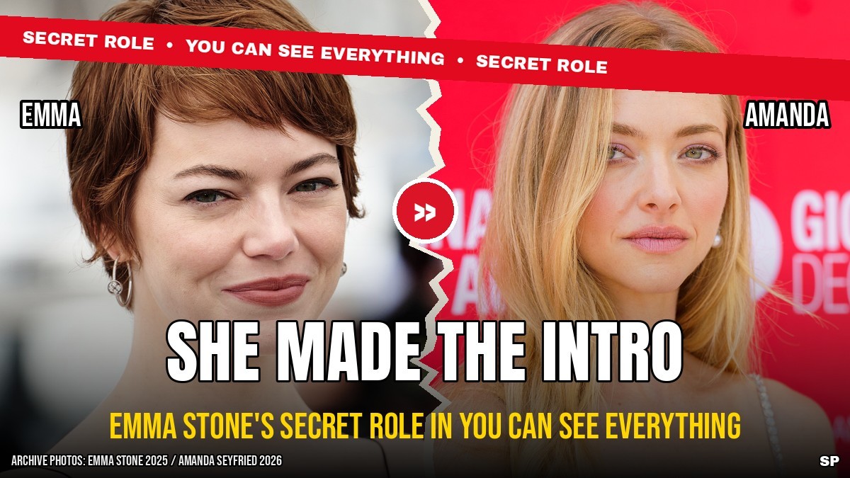 Emma Stone and Amanda Seyfried side by side, news graphic on Emma Stone introducing Amanda Seyfried to the makers of You Can See Everything