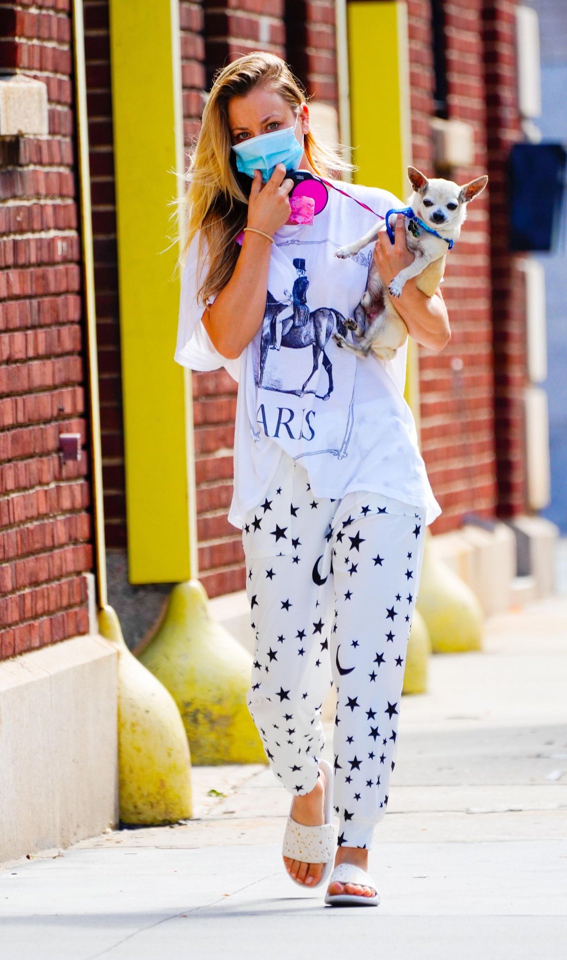 Kaley Cuoco in Star Print Pajama Bottoms and Baggy Tee - NYC 09/30/2020