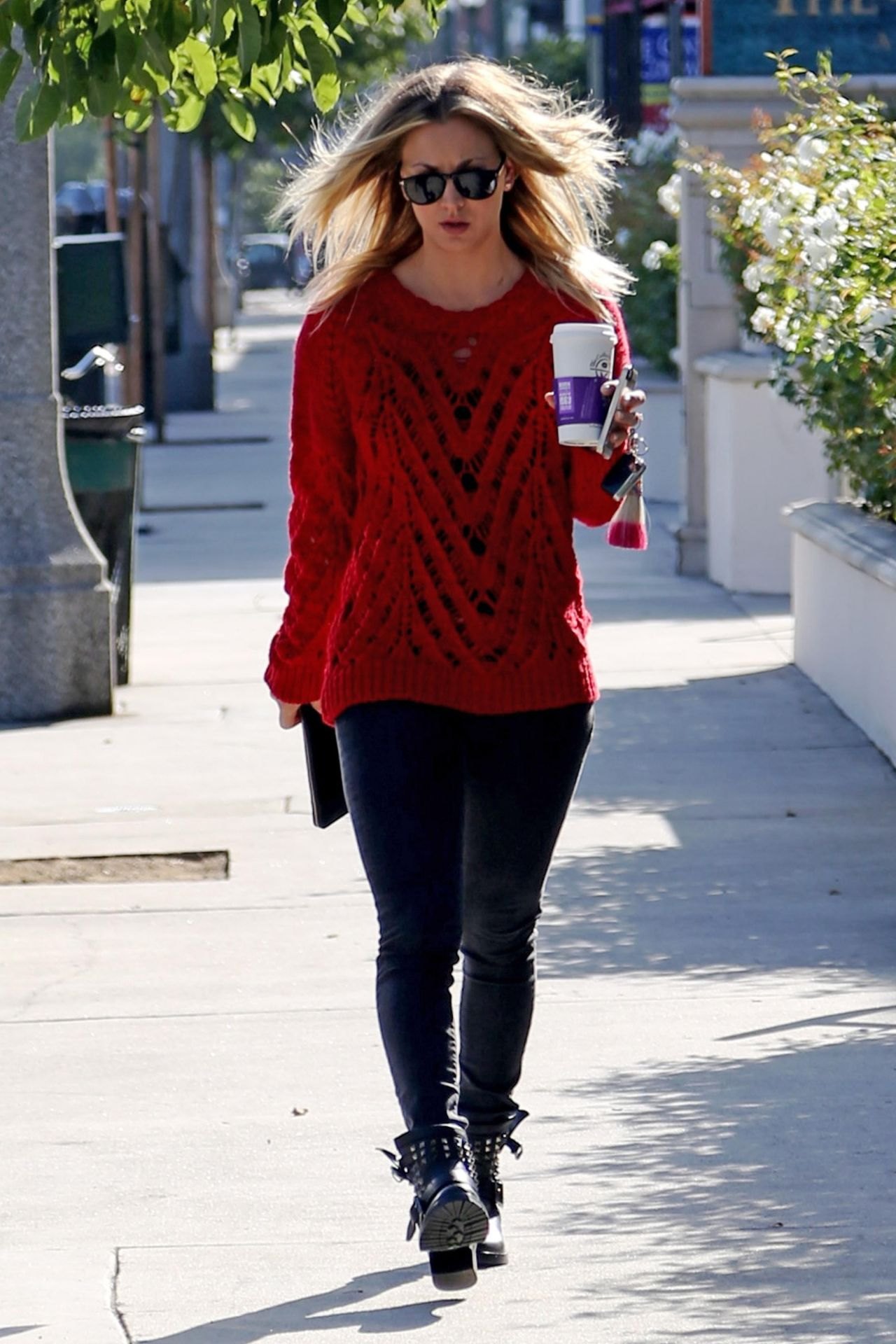 Kaley Cuoco - Street Style - in a Red Sweater