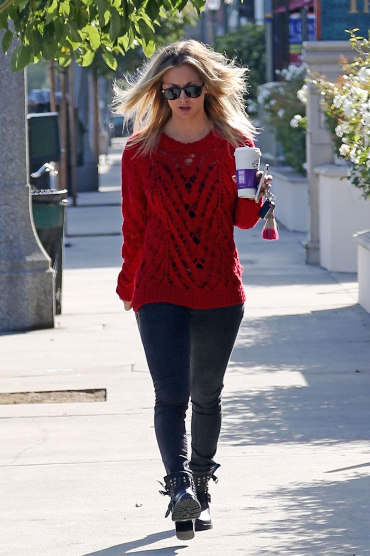 Kaley Cuoco in a Red Sweater, Ready for the Fall Weather