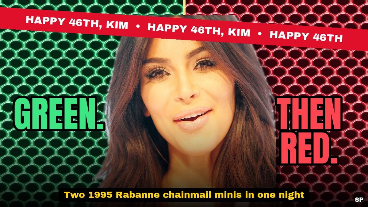 Kim Kardashian news graphic on green and red chainmail: green, then red, two 1995 Rabanne chainmail minis in one night for her 46th birthday