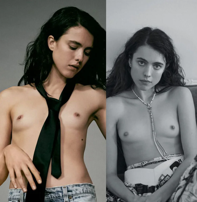 Margaret Qualley topless with a black tie, photoshoot
