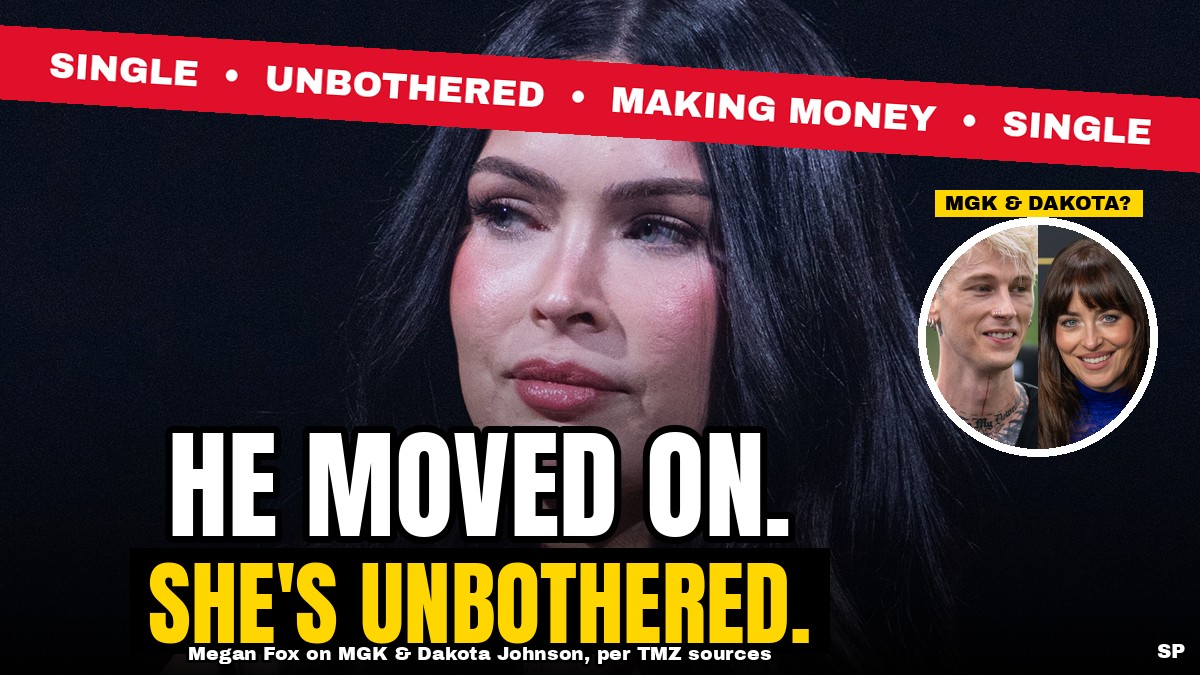 Megan Fox at a Jennifer's Body Q&A, news graphic: he moved on, she's unbothered, with an inset of Machine Gun Kelly and Dakota Johnson