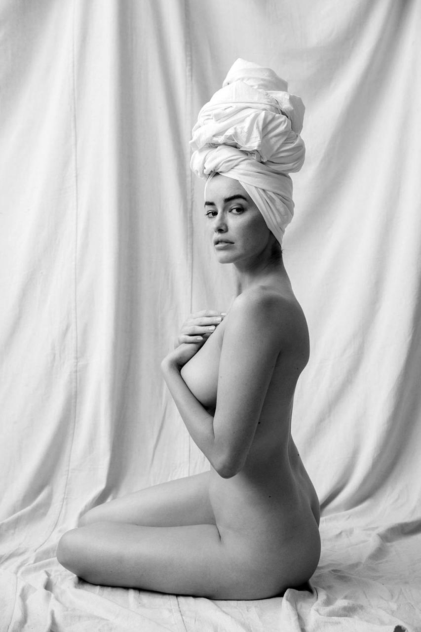 Sarah Stephens nude, kneeling, towel on her head, hands together