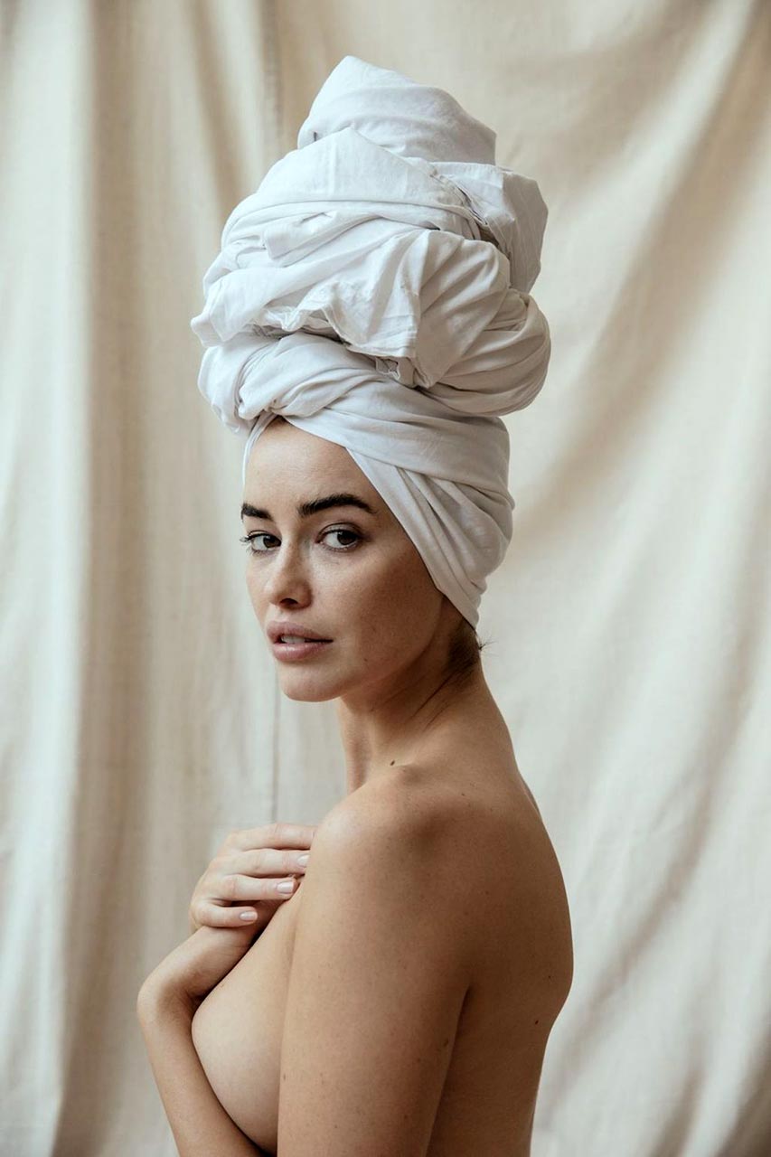 Sarah Stephens nude, close, towel on her head, hands at her chest