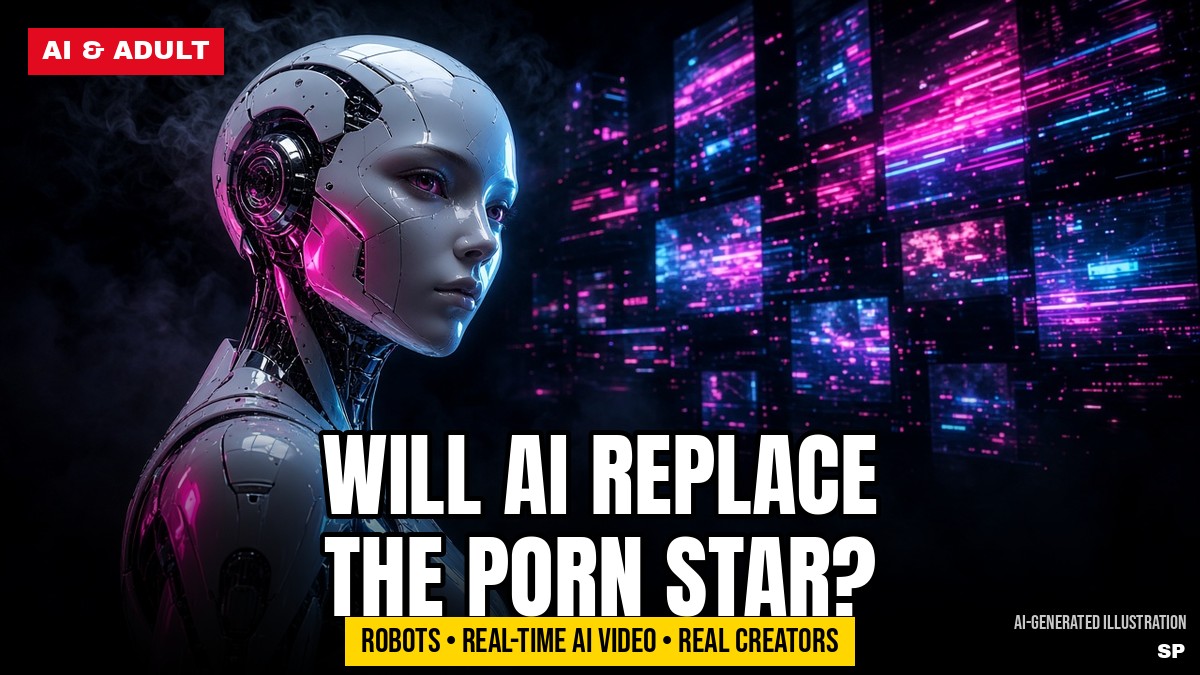 AI and the adult industry: humanoid robot facing a wall of AI video screens, AI-generated illustration